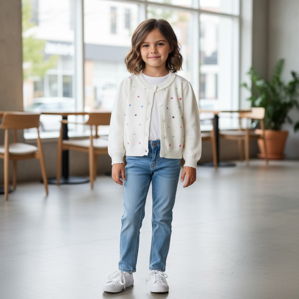 Girl 100% Cotton Knitted Cardigan – Colorful Dot Design
