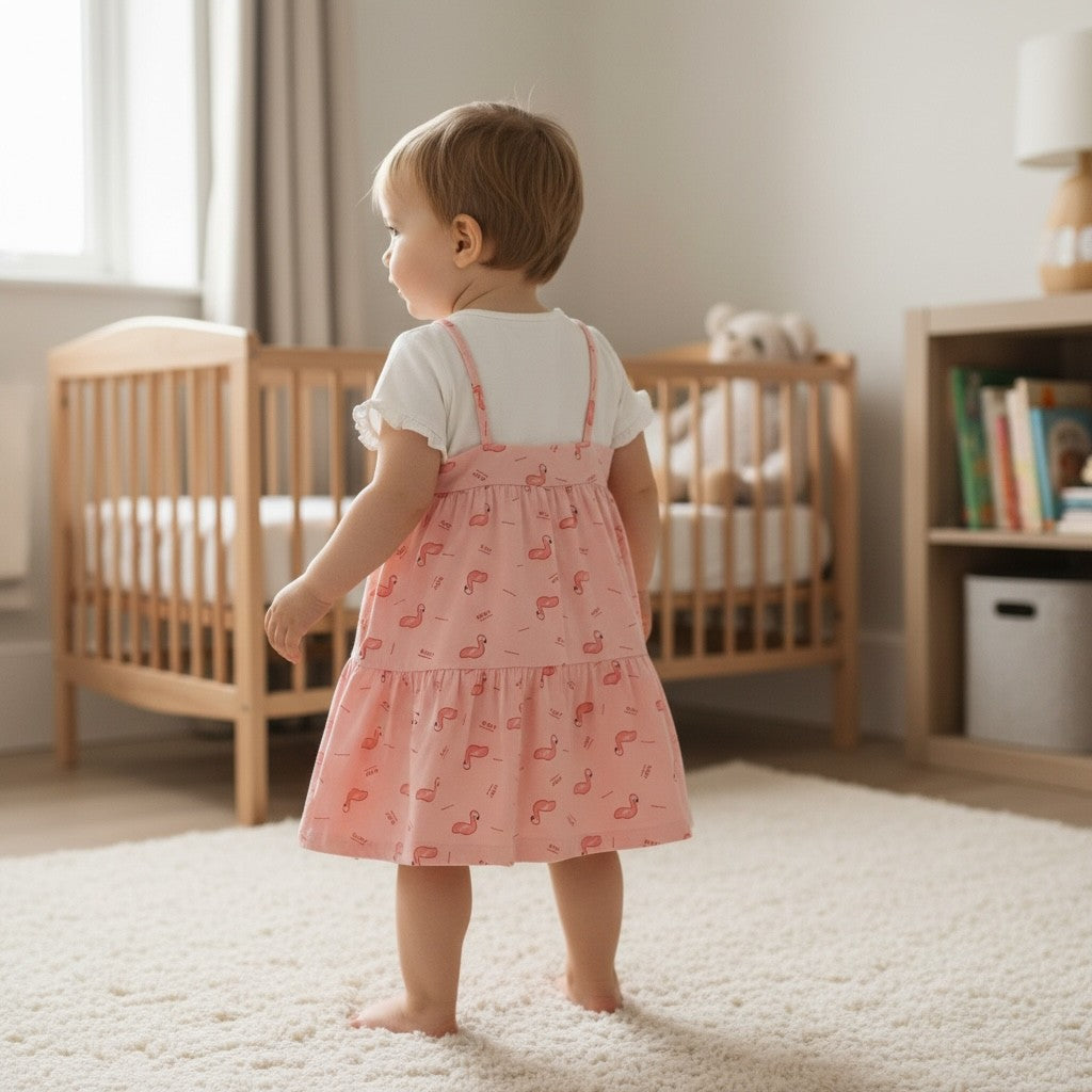 Baby Knit Pinafore Dress – Flamingo Print