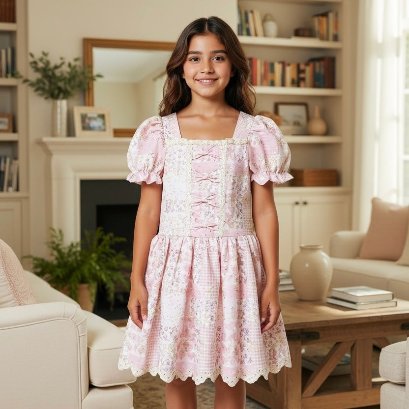 A young girl stands in a cozy living room wearing a light pink floral dress with puff sleeves, a square neckline, and a flared skirt.