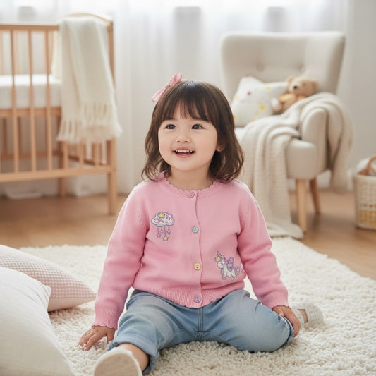 Girls 100% Cotton Knitted Embroidered Cardigan – Unicorn