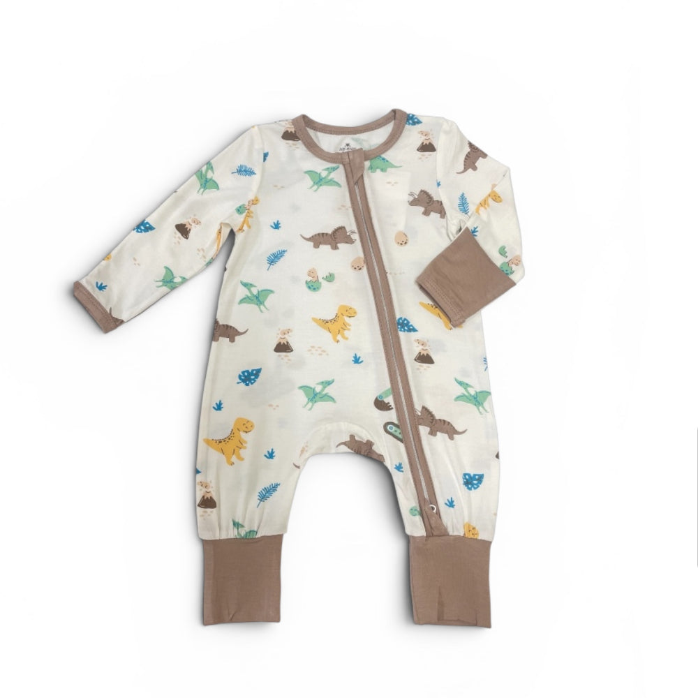 Bamboo BFF Hugz Two Way Opening Zipper Long Romper With Foldable Mittens & Footies (Dino Trucks)