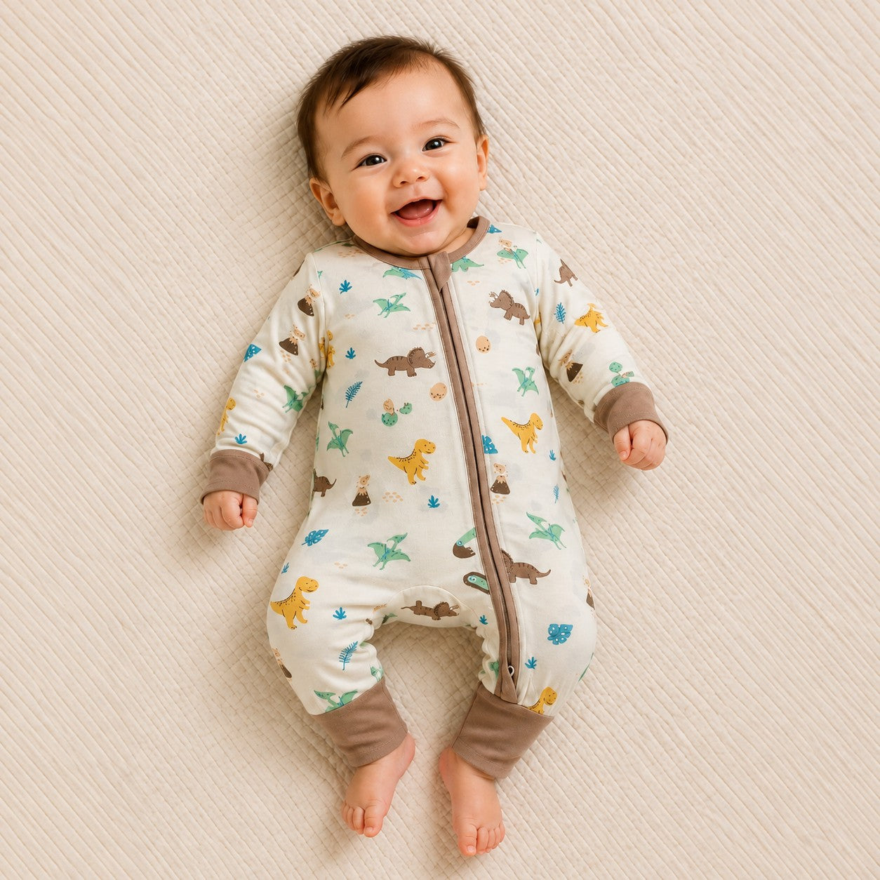 Bamboo BFF Hugz Two Way Opening Zipper Long Romper With Foldable Mittens & Footies (Dino Trucks)