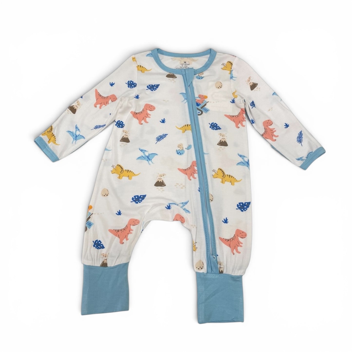 Bamboo BFF Hugz Two Way Opening Zipper Long Romper With Foldable Mittens & Footies (Dino Trucks)