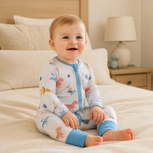 Bamboo BFF Hugz Two Way Opening Zipper Long Romper With Foldable Mittens & Footies (Dino Trucks)
