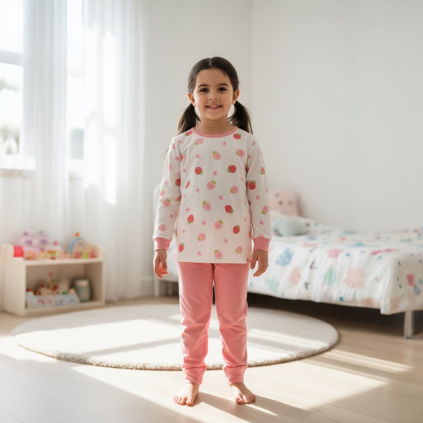A young girl stands barefoot in a bright, sunlit children's bedroom wearing a light pink pajama set with a strawberry and star pattern on the long-sleeve top and solid pink pants.