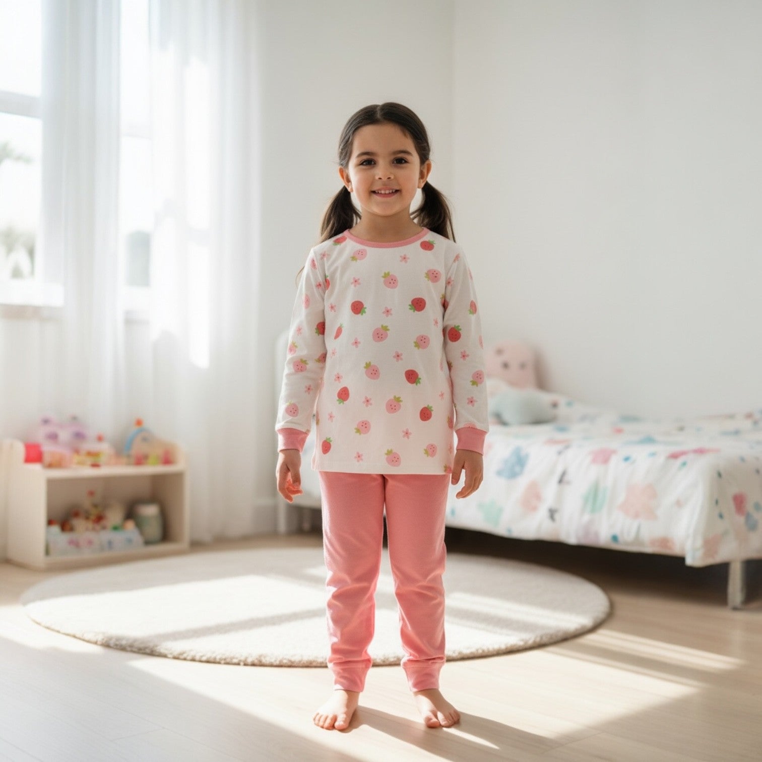 A young girl stands barefoot in a bright, sunlit children's bedroom wearing a light pink pajama set with a strawberry and star pattern on the long-sleeve top and solid pink pants.