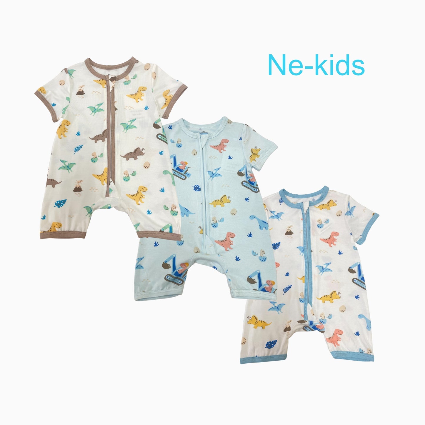 Ne-kids – 95% Bamboo Boys Short Sleeves 2 Way Zipped Romper – Dino Trucks