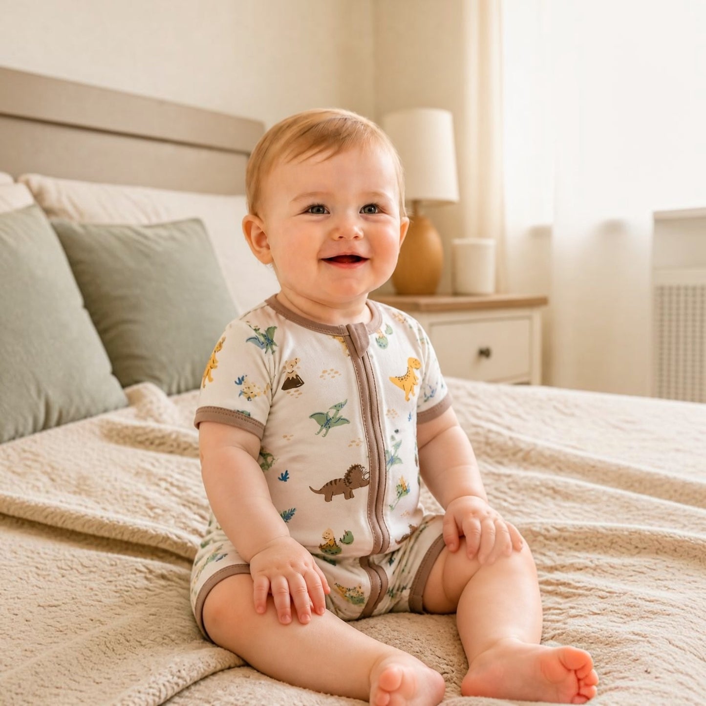 Ne-kids – 95% Bamboo Boys Short Sleeves 2 Way Zipped Romper – Dino Trucks