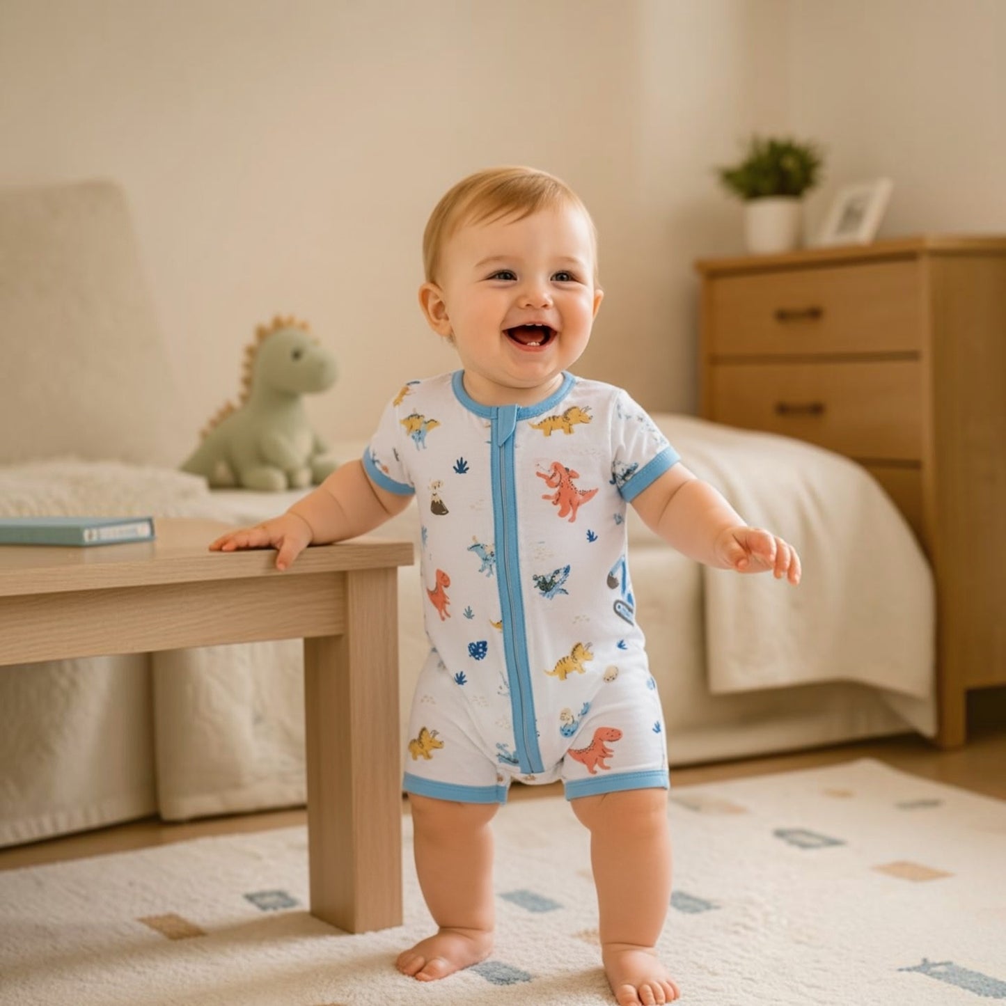 Ne-kids – 95% Bamboo Boys Short Sleeves 2 Way Zipped Romper – Dino Trucks