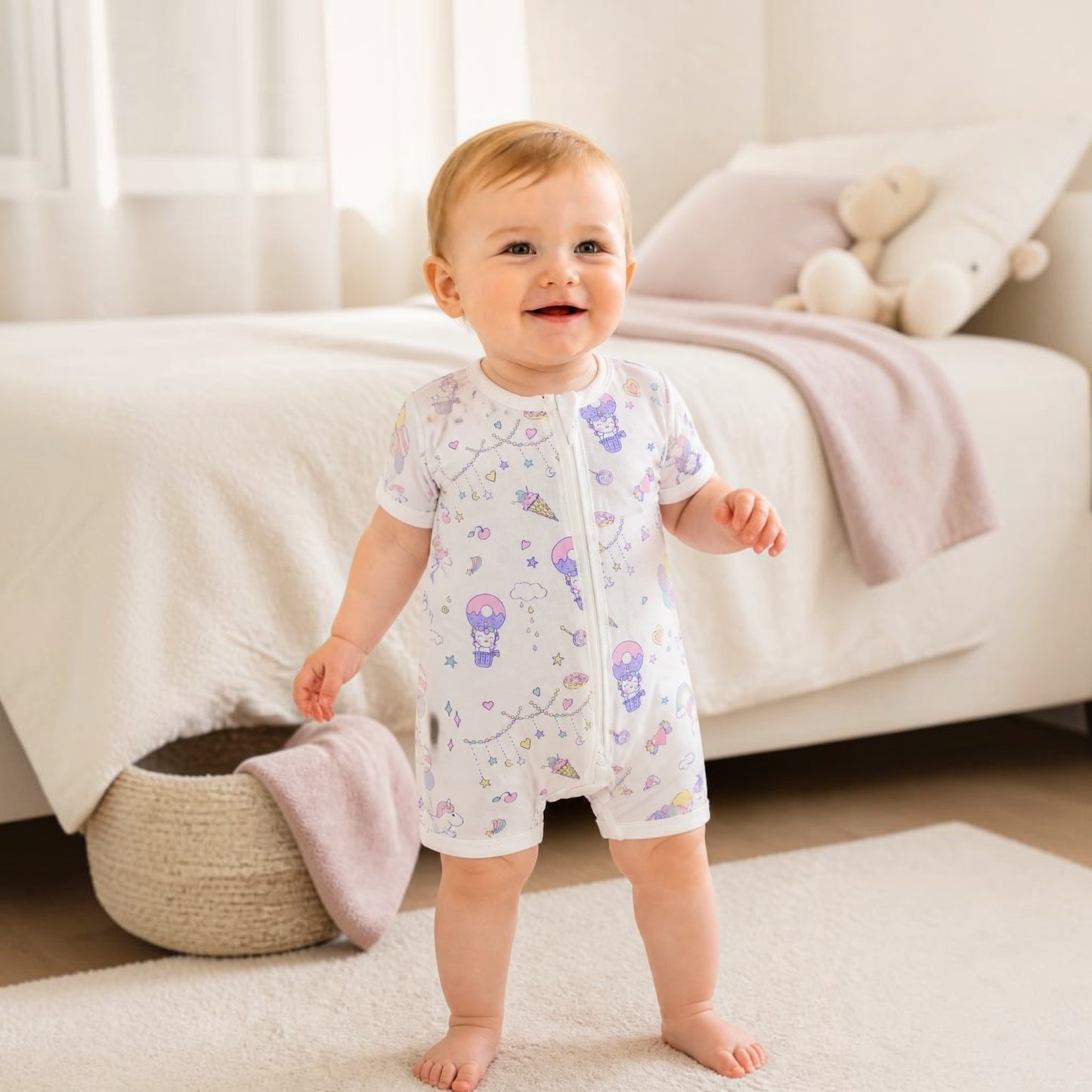 Bamboo Baby Girls Short Sleeves 2 Way Zipped Romper – Unicorn Donuts