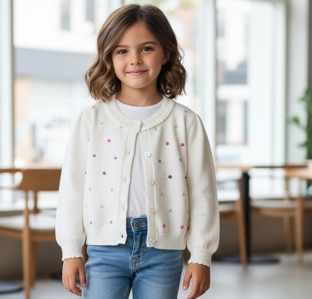 Girl 100% Cotton Knitted Cardigan – Colorful Dot Design