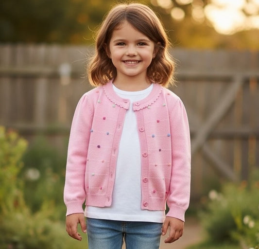 Girl 100% Cotton Knitted Cardigan – Colorful Dot Design