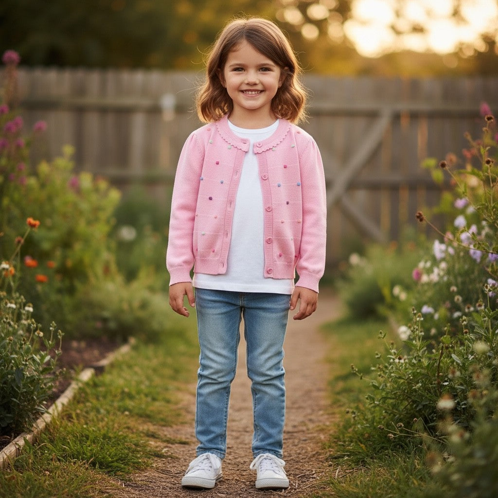 Girl 100% Cotton Knitted Cardigan – Colorful Dot Design