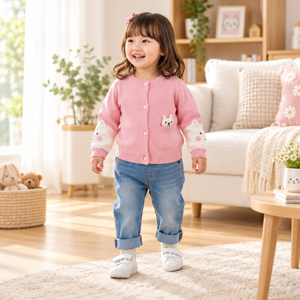 Baby 100% Cotton Knitted Embroidered Cardigan – Bear with 3D ear