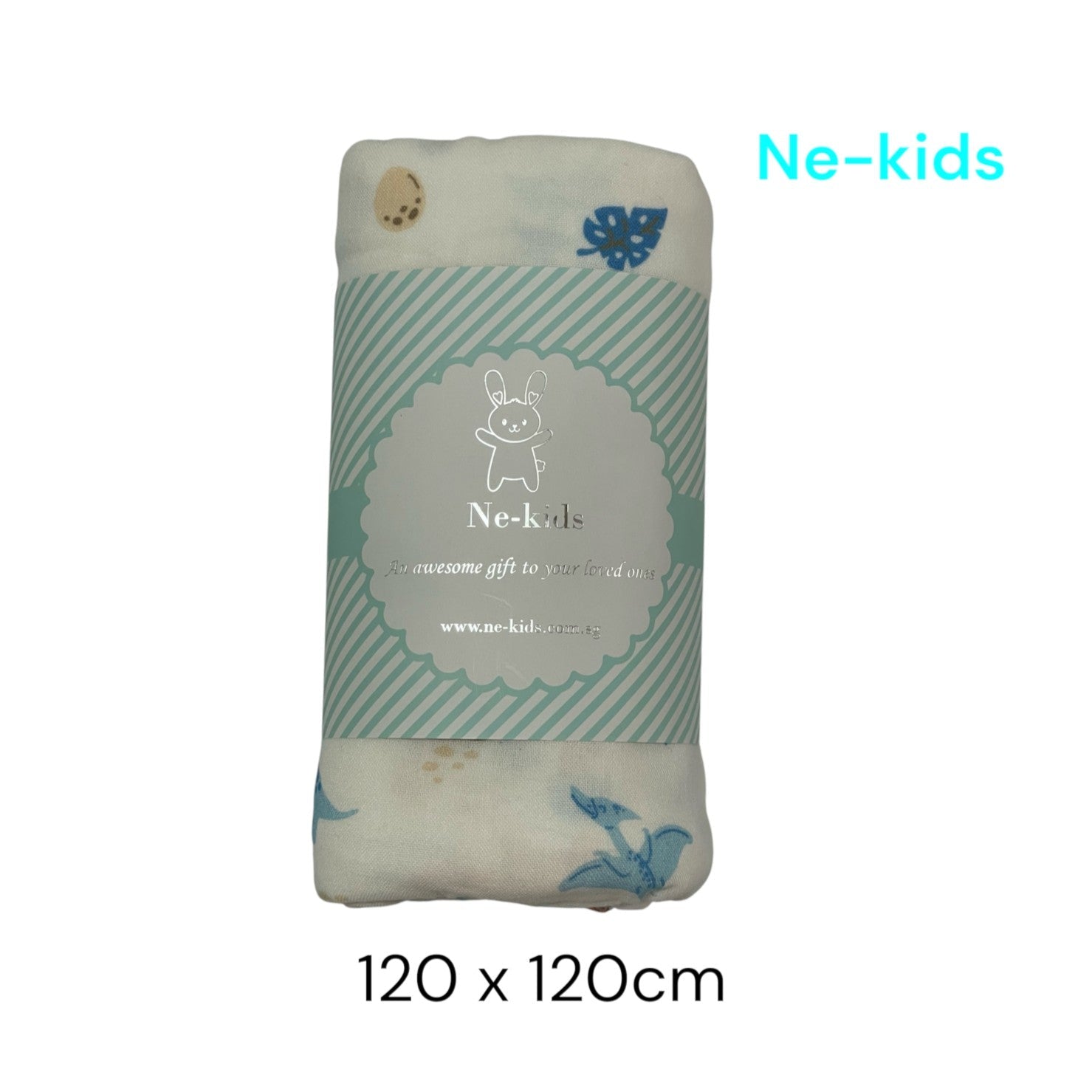 A folded baby blanket or swaddle for kids, shown on a white background with text indicating dimensions '120 x 120cm' and the brand name 'Ne-kids' in the top right.
