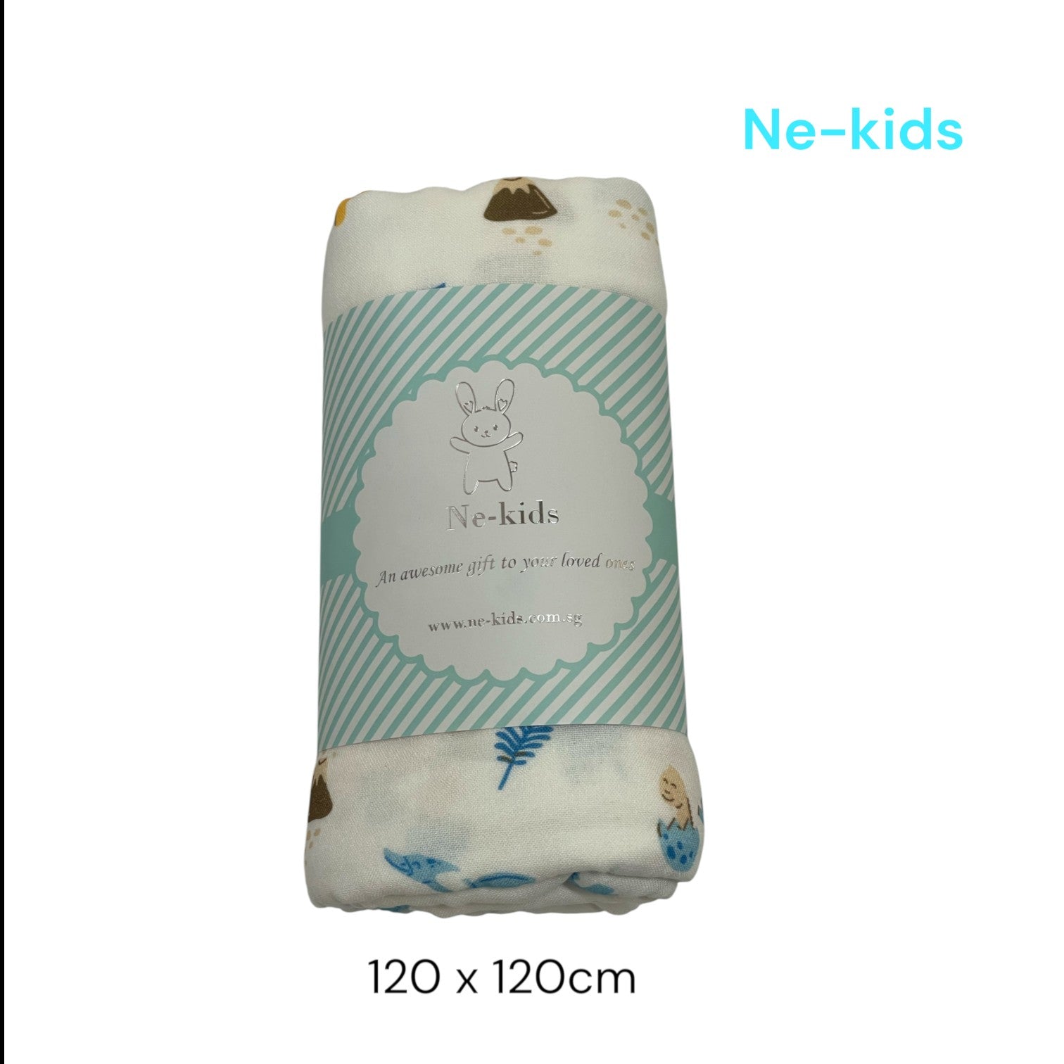 A folded baby blanket with a white base, featuring a mint green and white striped paper band with the brand name 'Ne-kids' and text 'In a wonderful gift to your loved one'. The blanket has small printed motifs including a brown bear and blue leaves.
