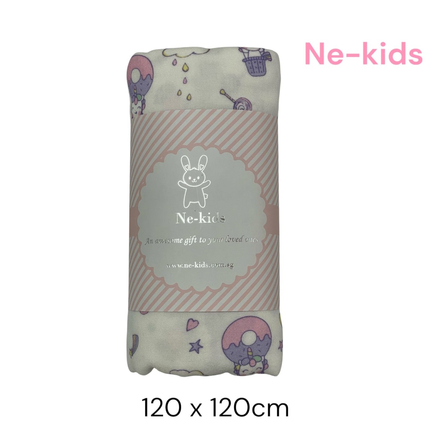 A folded baby blanket with a pastel pink and purple cartoon print, wrapped in a paper band labeled 'Ne-kids', on a white background with 'Ne-kids' and '120 x 120cm' text overlays.